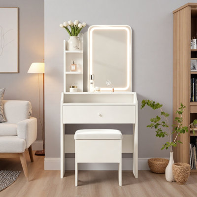 L'ensemble de coiffeuse comprend un miroir à DEL intelligent, une table de maquillage pour chambre de femme avec rangement; convient aux chambres à coucher, aux salons, aux dortoirs, etc.