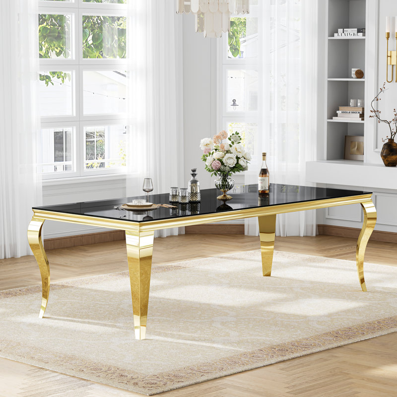 Large Dining Set, 9-Piece Modern 94" Black Tempered Glass Dining Table, 8 Velvet Chairs With Tufted Back And Nailhead Trim, Mirror Stainless Steel Legs