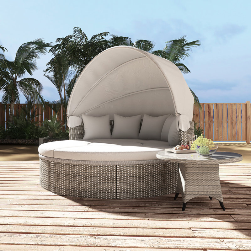 PATIO FURNITURE ROUND OUTDOOR SECTIONAL RATTAN DAYBED, Gray
