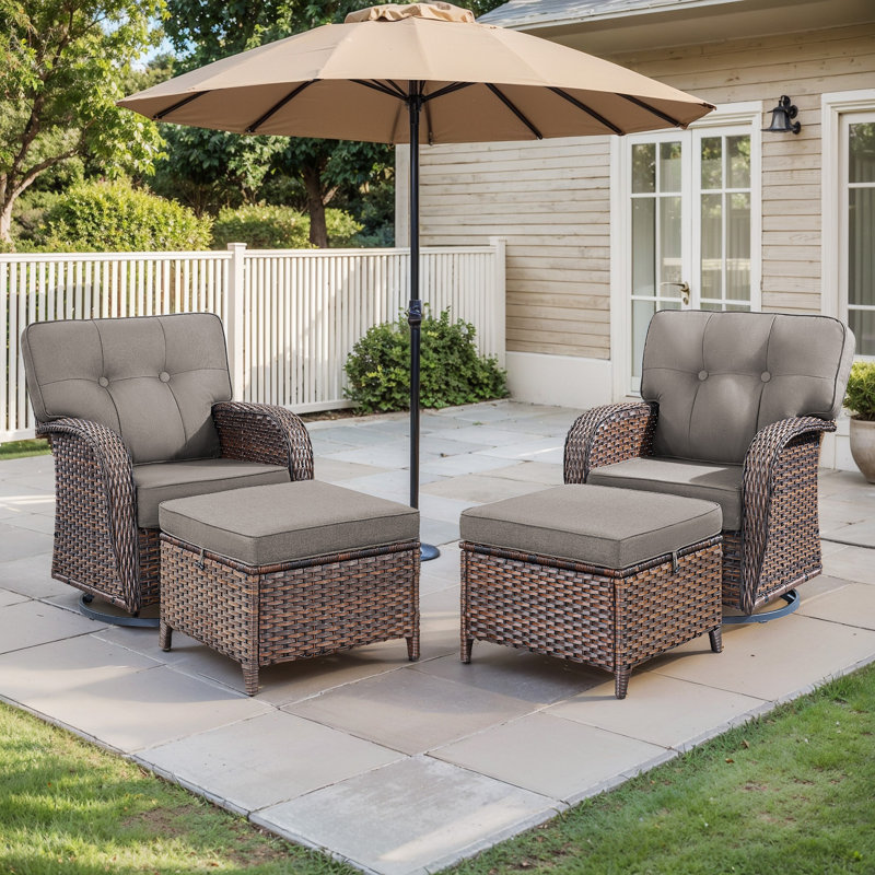 Ensemble de conversation d'extérieur rotin en osier pour 2 personnes avec repose-pieds Teebeck, Gris