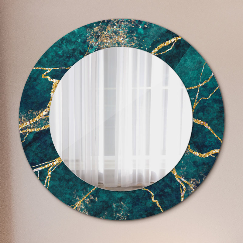 Huldar Glass Flat Mirror, 50cm H x 50cm W, Golden Malachite Green Marble