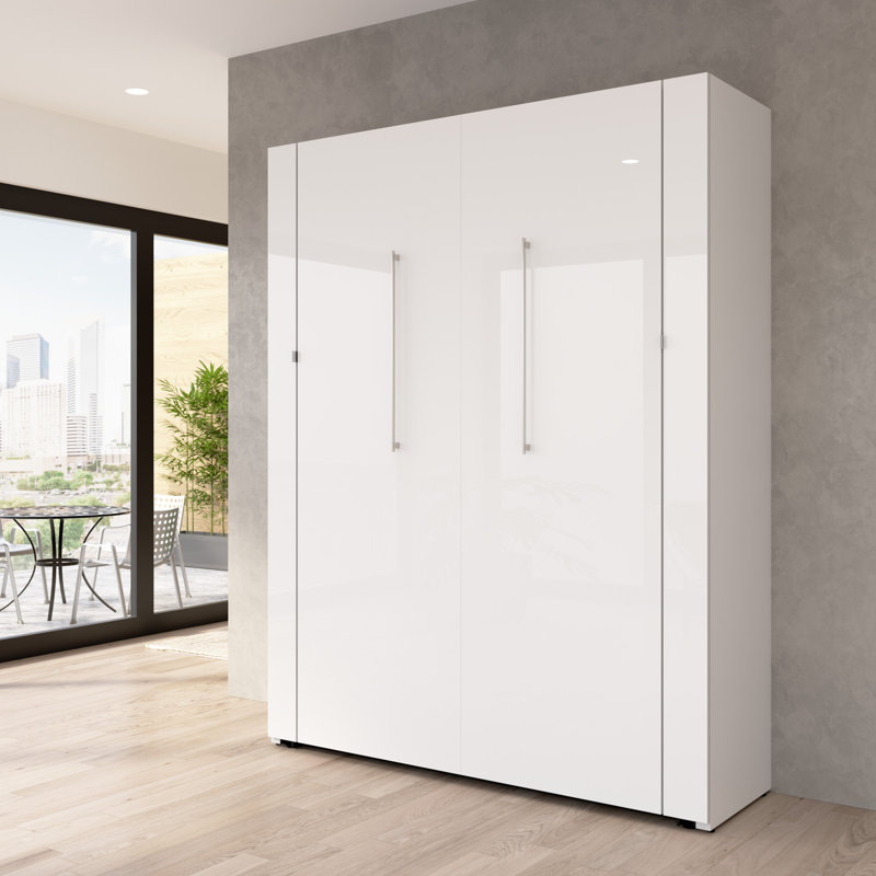 Maile High-Gloss Scratch-Resistant Murphy Bed with LED Lights and Built-In Charging Station, Queen