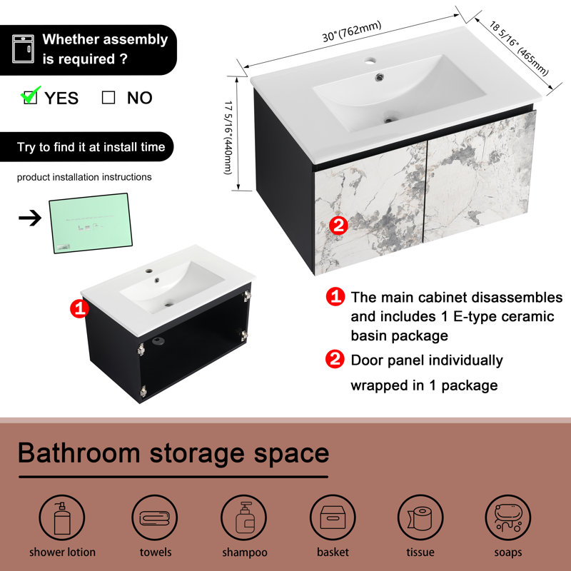 Meuble-lavabo simple 30 po avec comptoir en céramique