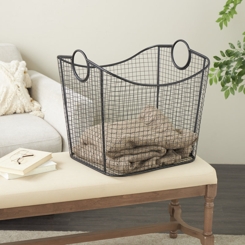 Joss & Main Black Metal Deep Decorative and Functional Storage Basket with Curved Sides and Ring Handles, 20" x 18" x 20