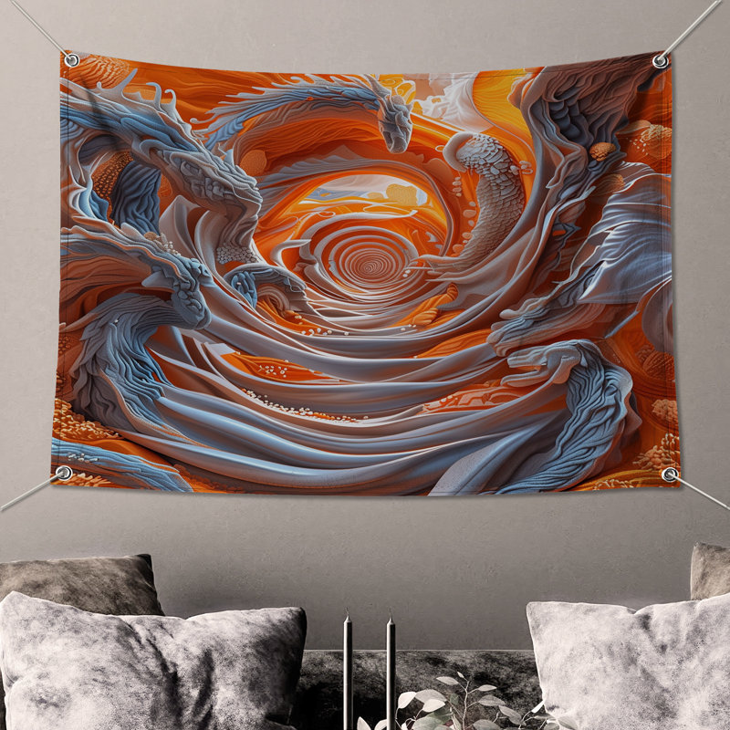 Tapisserie abstraite «Dragon Swirls» - Décoration murale dragon, H 50 po x l 60 po avec 4 œillets