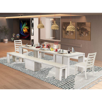 L'ensemble de salle à manger extensible 5 pièces comprend une table de salle à manger rectangulaire Xtenczar, 2 chaises empilables en tissu crème et 2 bancs modernes, blanc antique