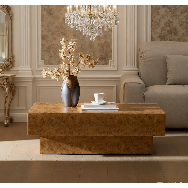 Table basse moderne avec motif en faux bois, base en panneau de fibres à densité moyenne, conception à piédestal robuste, multifonctionnelle pour le salon, facile à assembler et à entretenir