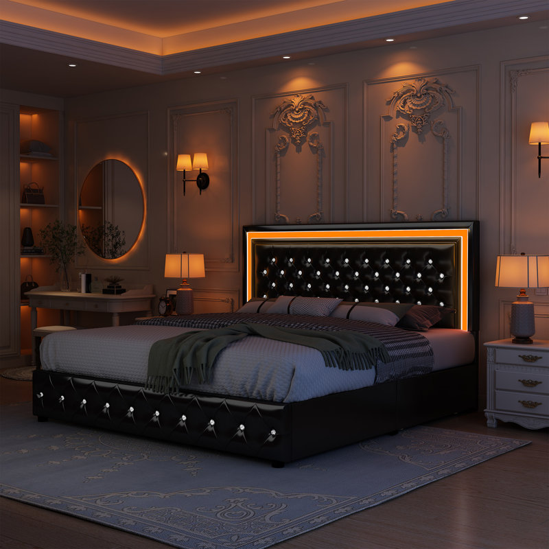 Jalna LED Lighted Upholstered Bed Frame with Bluetooth Sync Lights, Adjustable Headboard & 4 Storage Drawers, No Box Spring Needed, Easy Assembly,