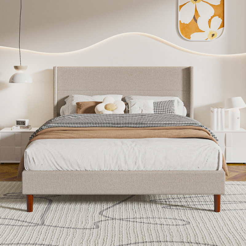 Structure de lit grand, plateforme tapissier en lin avec tête de lit à oreilles, support de lattes en bois, aucun sommier requis, assemblage facile, beige