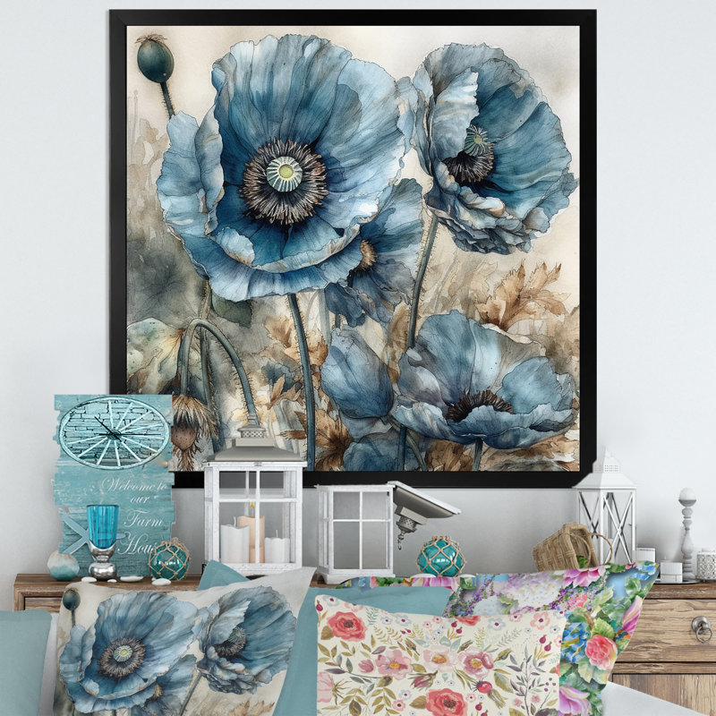 «Blue Poppy Serenity» sur impression sur toile, Cadre simple noir, H 30 po x l 30 po x P 1 po