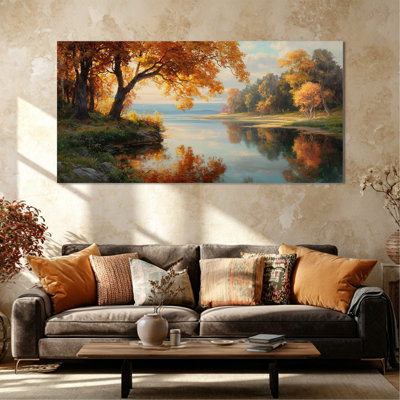 Grand art mural sur toile d'automne - photo de paysage d'automne avec reflets d'eau, œuvre de montagne inspirée de la nature pour maison rustique, salon et chambre à coucher, toile tendue avec cadre en pin, 28 po x 58 po