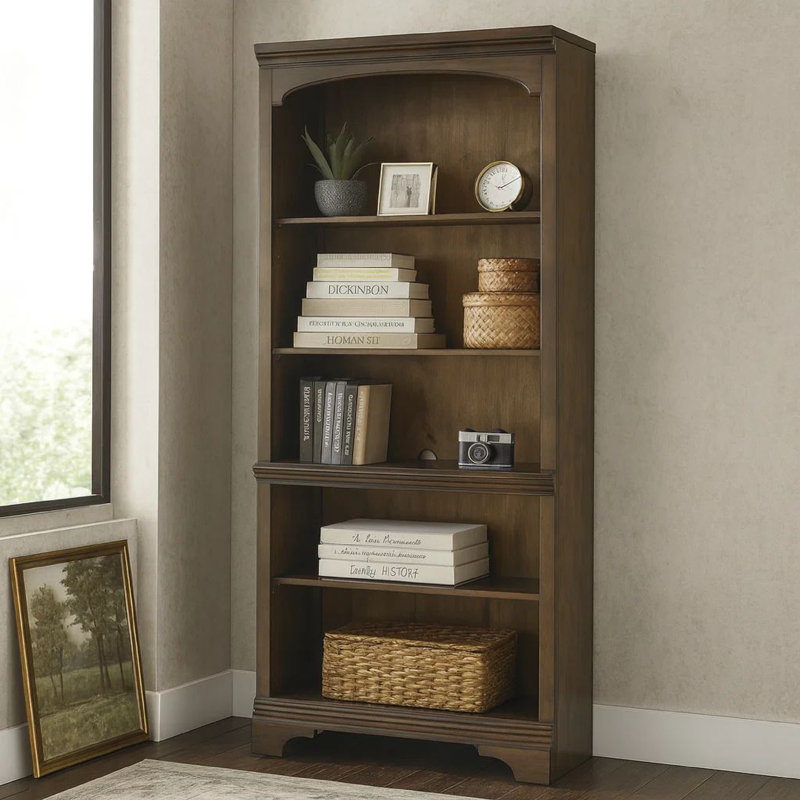 Favien 78 Inch 5 Tier Rubberwood Bookcase, 3 Adjustable Shelves, Oak Brown