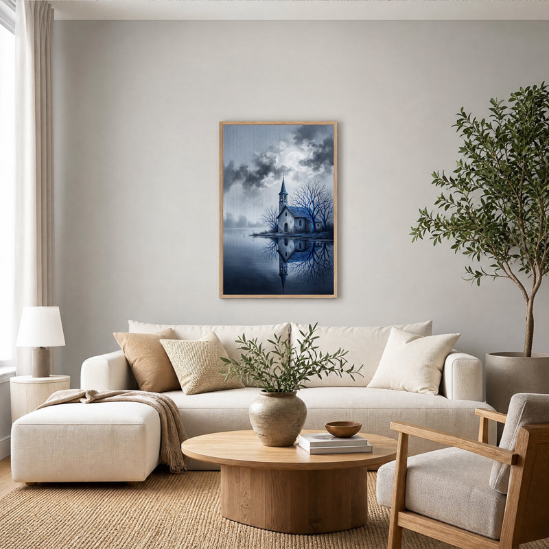«Moonlit Church with Glowing Blue Trees», art mural sur toile, H 36 po x l 24 po