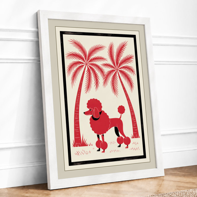 Red Poodle Under Palms Retro - Print, A2 - 59.4 x 42.0 cm, White