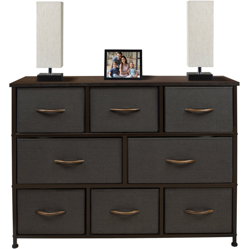 Sorbus 8 Drawers Wide Dresser with Steel Frame, Wood Top, and Fabric Bins in Brown