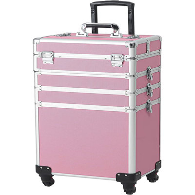 4-in-1 Aluminum Cosmetic Makeup Case - Pink Rolling Multi-Layer Storage Box with Lock, Nail Art & Tattoo Tool Case