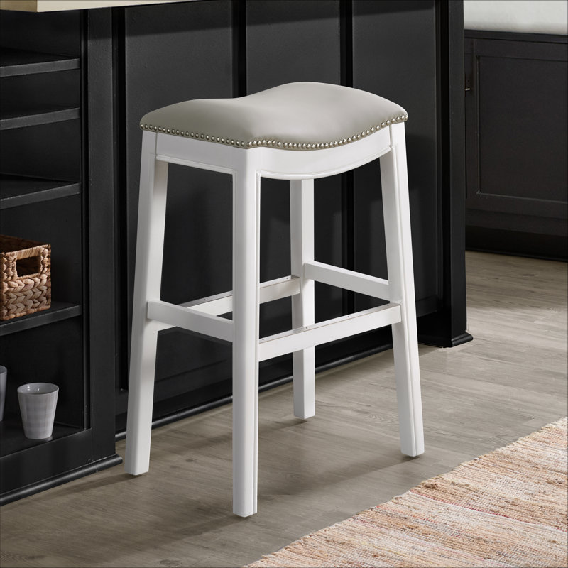 Tabouret de bar et de comptoir en bois d'hévéa Williston, Lin gris clair / cadre blanc, 1