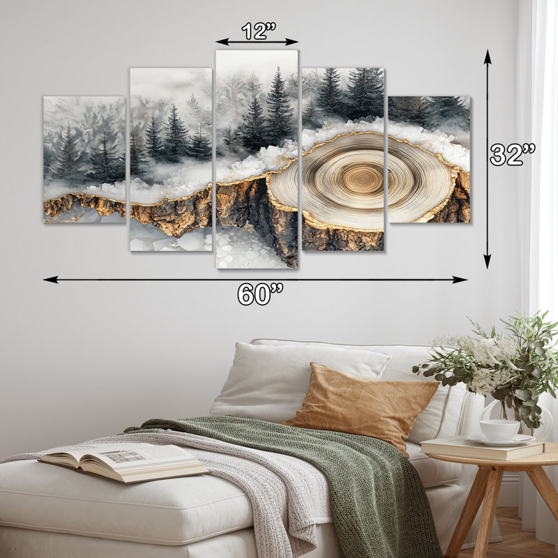 «Crystal Winter Forest Landscape Wood Slide II», art mural forêt - ensemble d'art mural traditionnel 5 pièces