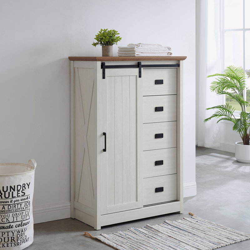 Armoire, ferme moderne, rangement à 5 tiroirs, commode avec porte de grange coulissante, commode haute, commode