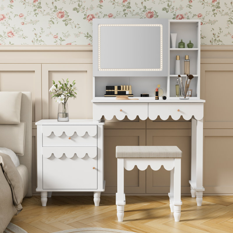 Dorlan 50'' Wide With Flower Shape Vanity With Stools And Mirrors, White