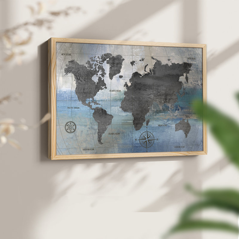 Carte du monde - impression encadrée bleue et grise - réversible, Naturel, H 11 po x l 14 po