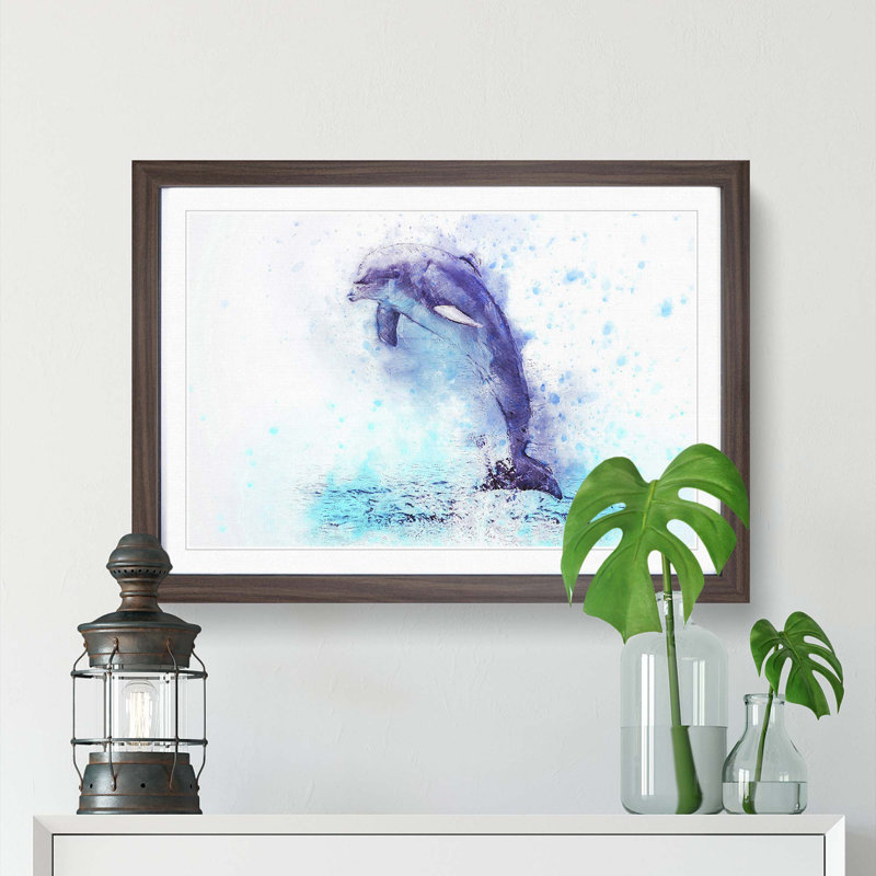 Jumping Dolphin in Abstract - Picture Frame Painting Print, 48cm H x 65cm W x 2cm D, Walnut Framed