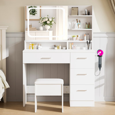 4-Drawers White Wood LED Mirror Makeup Vanity Sets Dressing Table Sets with Stool and 3-Tier Storage Shelves