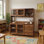 Grande armoire de bureau Swampscott avec tiroirs, portes en verre et tablettes ouvertes - Rangement en noyer de 63 po