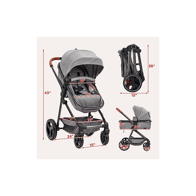 Stroller for Newborn, Convertible Baby Pram with Reversible Seat and One-Hand Fold, High Landscape Toddler Infant Pushchair with Storage Basket
