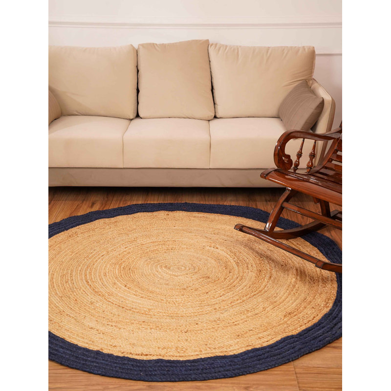 Wiedman Hand Woven Jute Eco-Friendly Solid Area Rugs - Round, Beige Blue Color, Contemporary Modern Design, Low Pile, Natural Fiber, Outdoor Indoor Handmade Area Rugs for Living Room, Bed Room