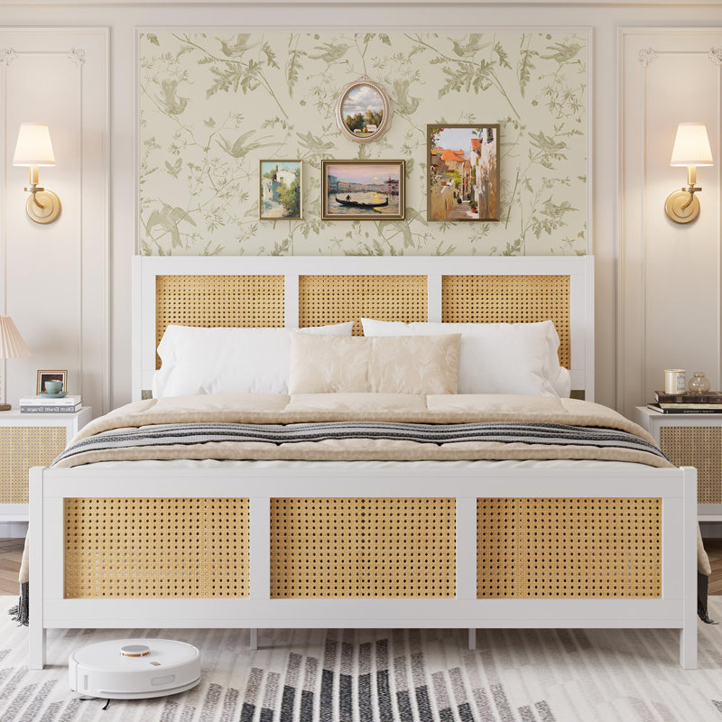 Cadre de lit bohème en rotin avec tête de lit – Lit plateforme King Size, lattes métalliques robustes, silencieux, sans sommier, mobilier de chambre moderne – Blanc K