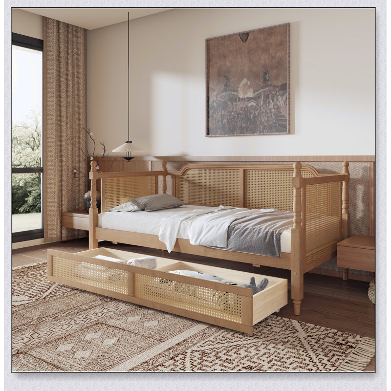 Lit de jour en rotin de style traditionnel avec 2 tiroirs pour un espace limité, chambre d'amis