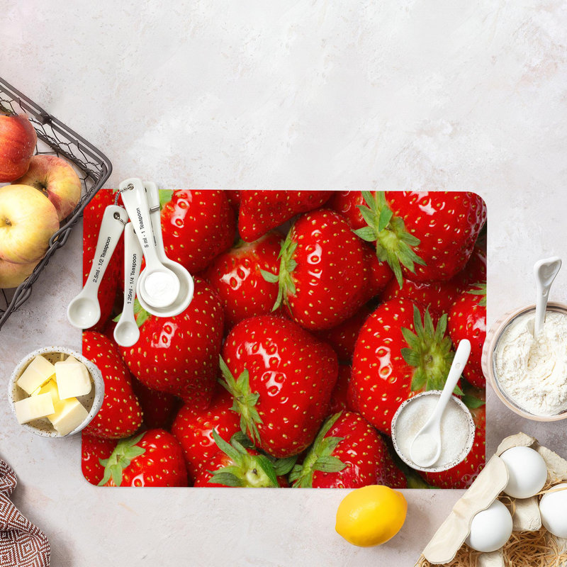 Planche à découper rouge moderne en verre trempé à motif fraise rouge pour la cuisine, 11 po x 15 po