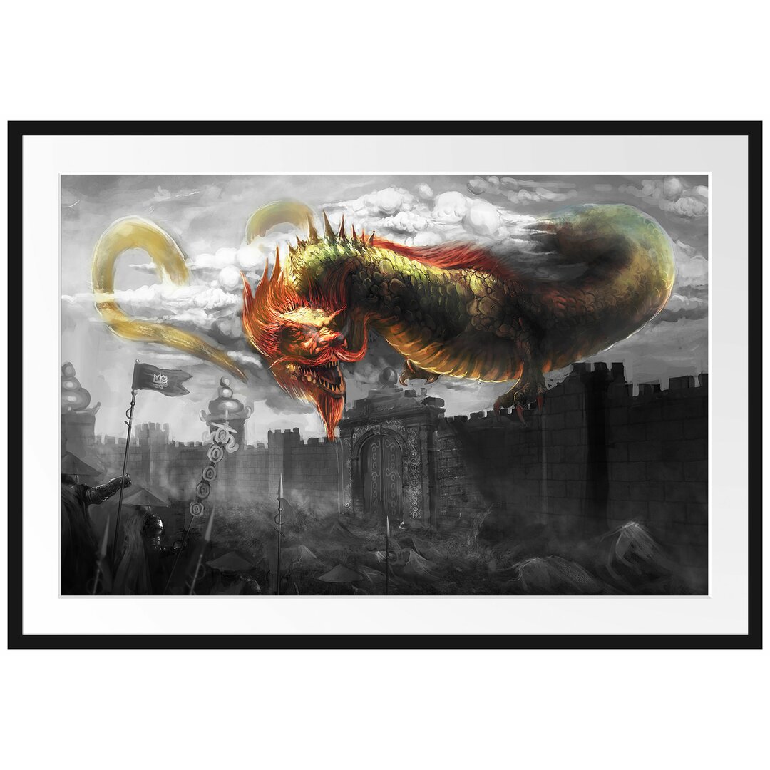 Gerahmtes Poster Drache über der Festung