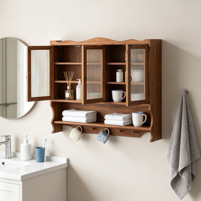 39.37"Retro 4 Door Wall-Mounted Cabinet, Featuring Two Layers Of Storage Space And An Open Hook Rack  Space,Suitable For Bathrooms, Kitchens, Dining Rooms, Brown