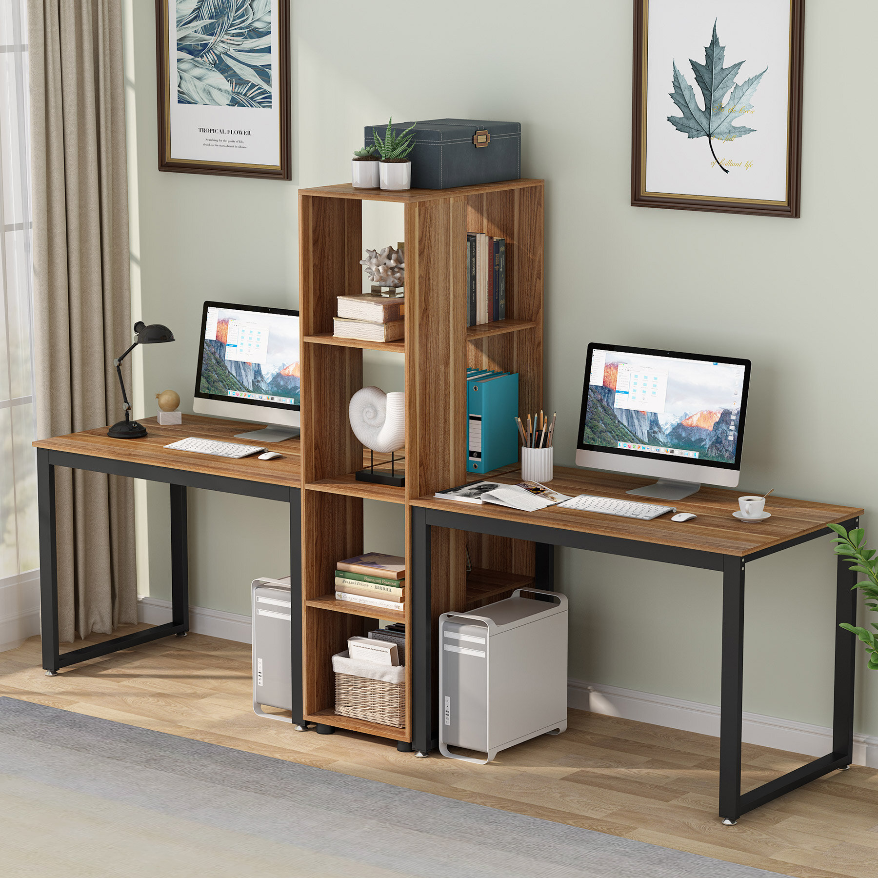 TribeSigns 94.5 Inches Two Person Desk with Storage Hutch Shelf