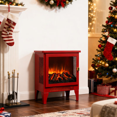 18 - Inch Freestanding Electric Fireplace Stove, Red Color, 3D Flame Effect, /Ul , Double , 1400W/700W Heat, 5000 'S, Three Sided Panoramic, Removable Foot, Golden Handle In With Visual, Protection,