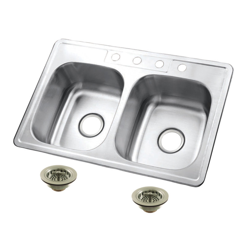 Kingston Brass Studio 33-Inch Stainless Steel Self-Rimming Double Bowl Drop-In Kitchen Sink With 4-Hole Drain And Strainer