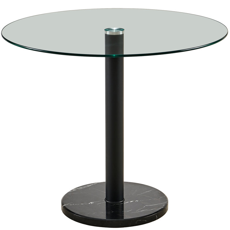 Table moderne moderne en verre transparent avec marbre noir, pouvant accueillir 4
