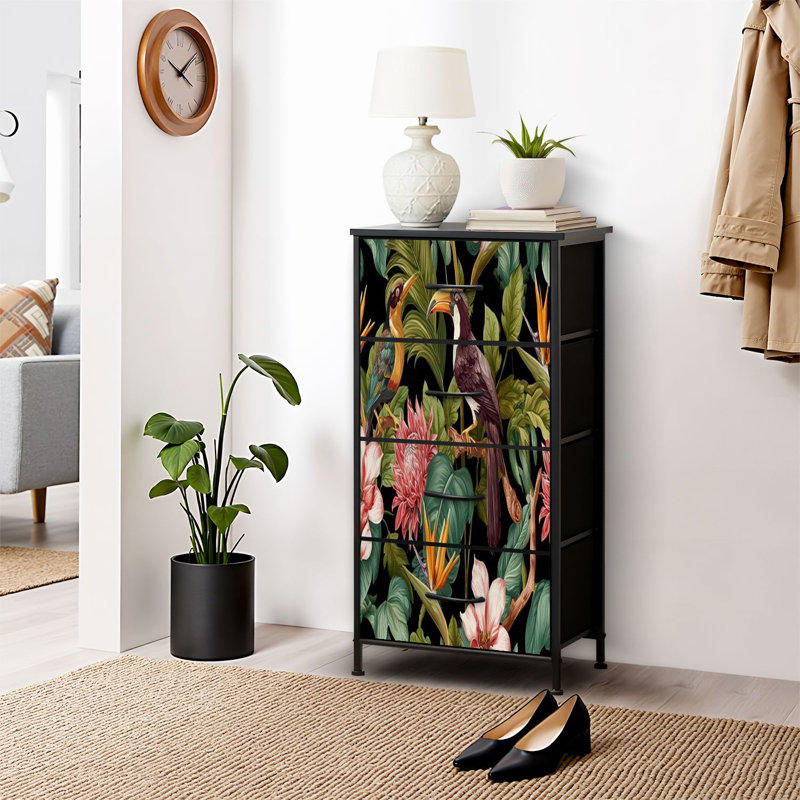 Commode pour chambre à coucher Commode pour chambre à coucher Oiseaux tropicaux à feuilles tropicales Fleurs Commodes et commodes de rangement en tissu avec 4 tiroirs