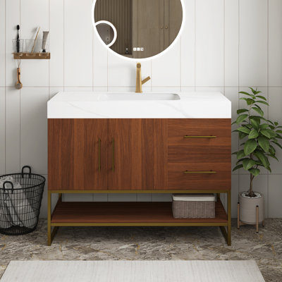 Meuble-lavabo moderne de 91 cm (36 pouces) avec lavabo en céramique sans joint et meuble sur pied, comprenant 2 tiroirs et 1 armoire.