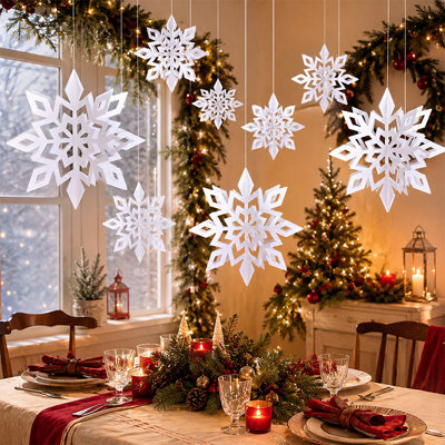 Lot de 12 décorations de Noël en forme de flocons de neige 3D en papier blanc, 3 tailles différentes, décorations hivernales à suspendre pour fenêtres, plafonds et fêtes.