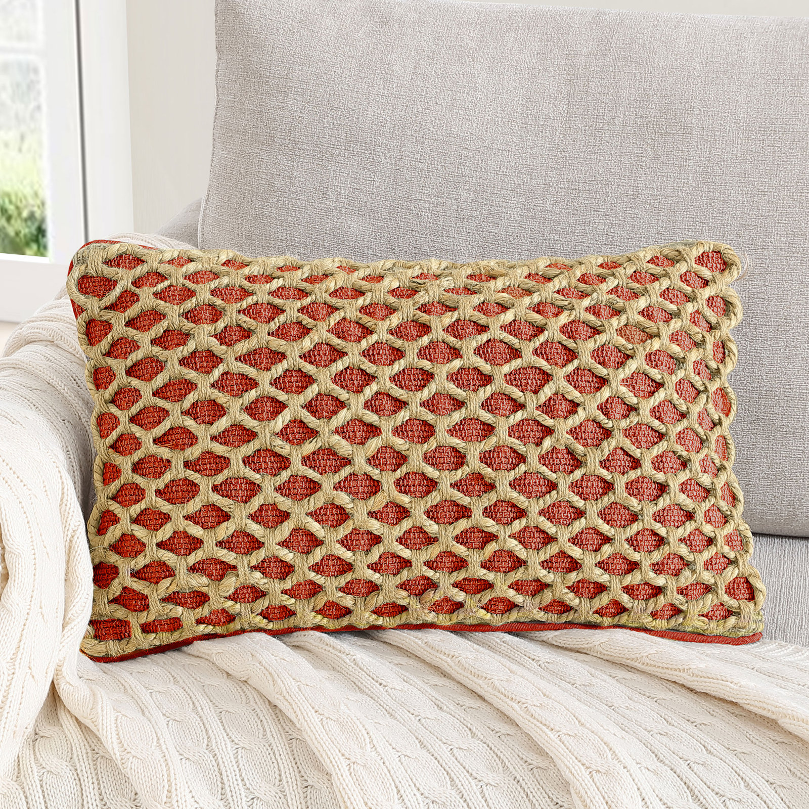 Ablo Textured Cotton Throw Pillow, Rectangular 12"H x 20"W, Red/Natural