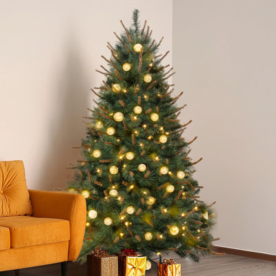 Sapin de Noël artificiel vert fané préilluminé de 2 m (6,5 pi) avec 857 extrémités de branches, 300 lumières incandescentes blanc chaud et support en métal