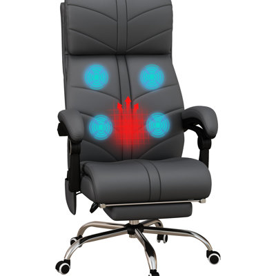 Fauteuil de travail à hauteur ajustable avec 4 massages, fauteuil inclinable chauffant, cuir d'unité centrale, roues pivotantes, fauteuil de massage gris et fauteuil inclinable en cuir, pour de longues journées de confort
