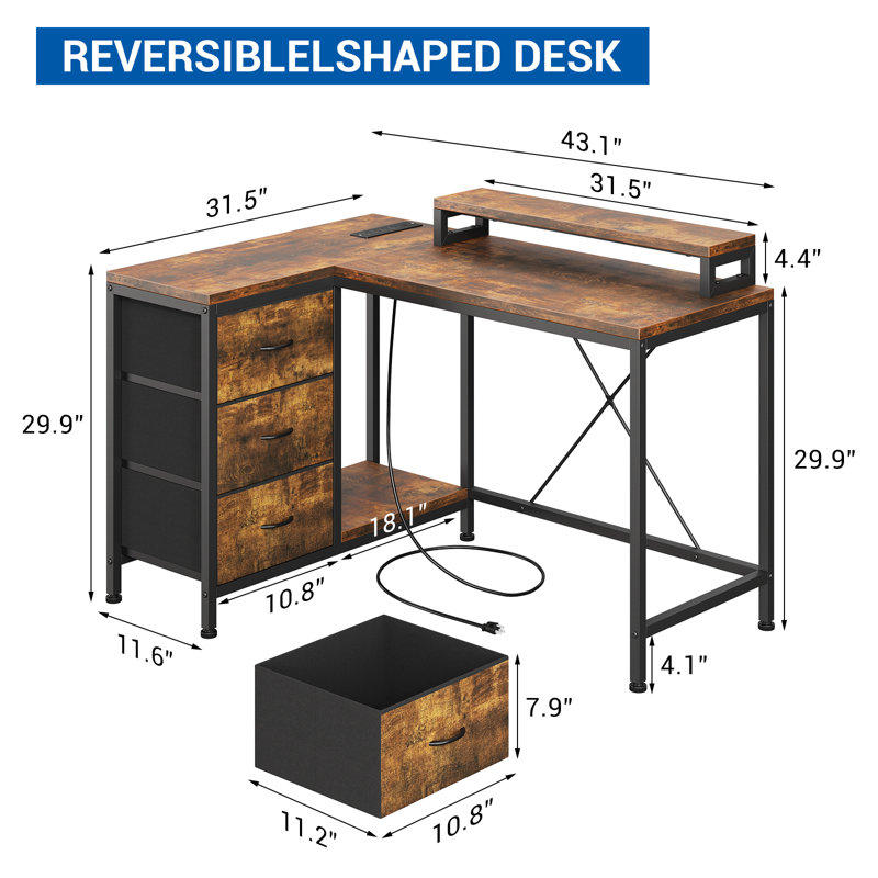 Bureau d'ordinateur en L 47 pouces avec prises de courant et lumières à DEL, 3 tiroirs, Brun