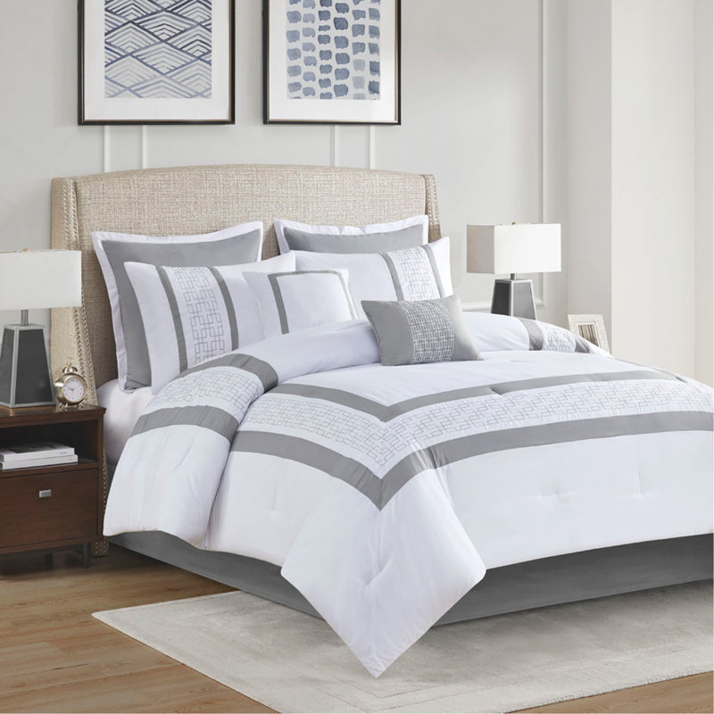 8-Piece Comforter Set King Size, Sophisticated Embroidered, White & Grey, Hypoallergenic, Elegant Bedroom Decor, White
