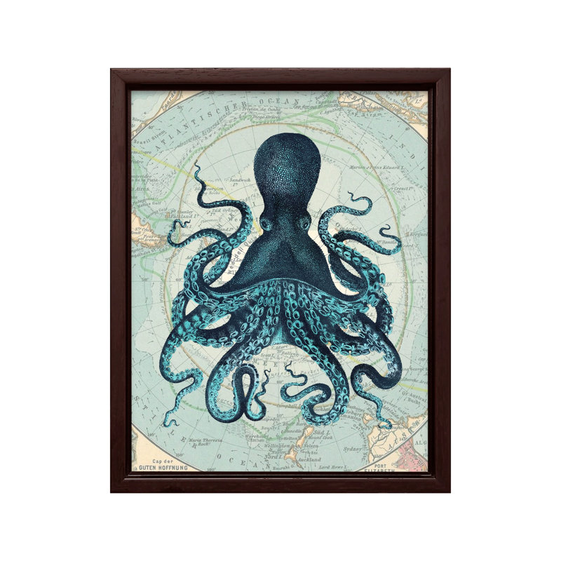 Pieuvre Kraken, Canevas, Encadrement brun, H 11 po x l 14 po