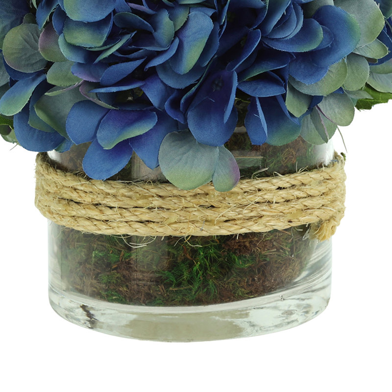 Hydrangea in Glass vase with Moss, Blue/Green