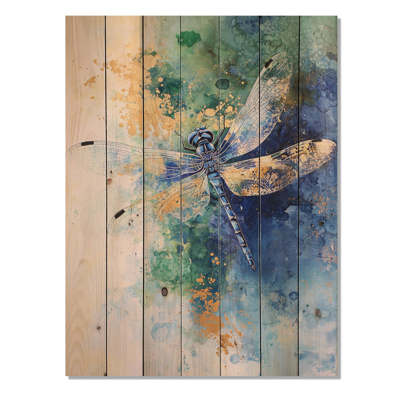 Libellule en vol - impression moderne en bois bleu sur bois de pin naturel, H 20 po x l 10 po